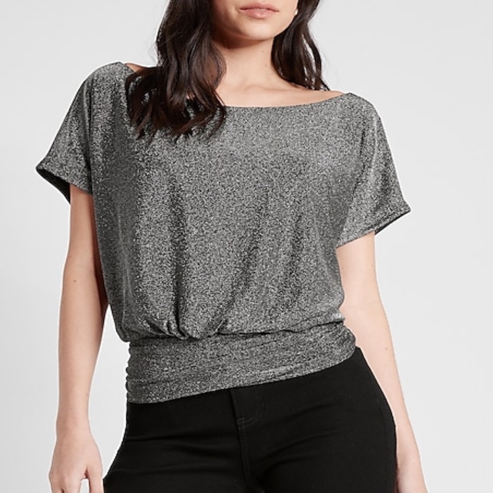 NWT Express Metallic Short Sleeve Ruched Banded Bottom Tee - Gunmetal (Medium)